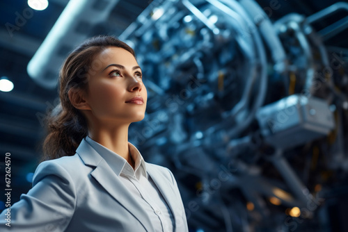 Brilliant Female Engineer Looking Around in Wonder at the Aerospace Satellite Manufacturing Facility, Young Talent Starting Her Career in World Top Science and Technology Space Exploration Program