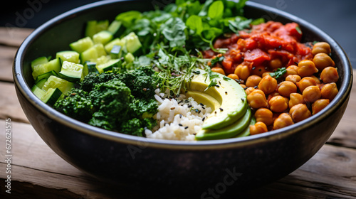 Vegan lunch bowl with rice chickpeas.