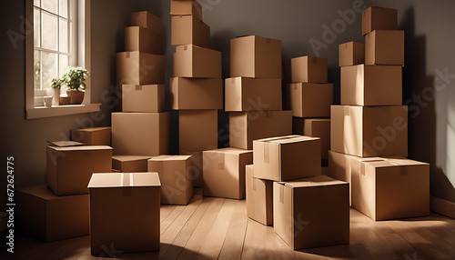  A small room is filled nearly floor to ceiling with a towering pile of cardboard boxes in various shapes and sizes, depicting a cluttered space in need of organization