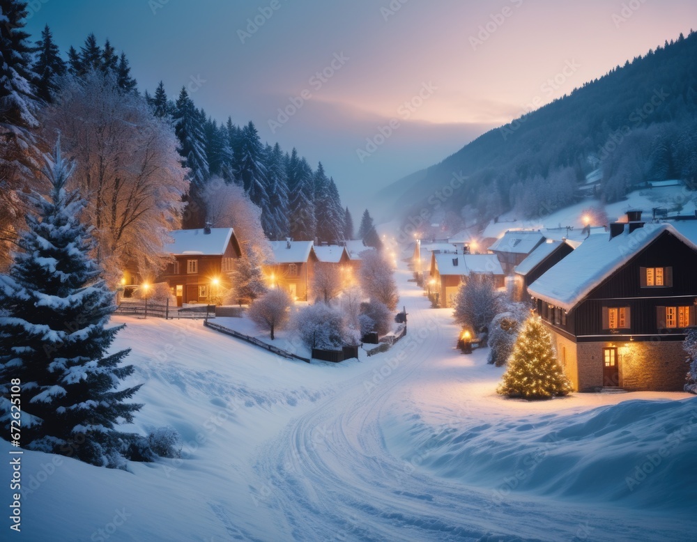 Evening Christmas decorated village in snow and lights Evening Christmas decorated village in snow and lights