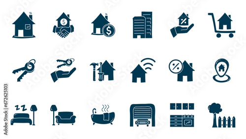 Hand drawn House and Real estate doodle icon set. House, key, buy, sell, loan, smart home, building, mortgage, address, renovation, kitchen, bedroom, living room, bathroom. 
