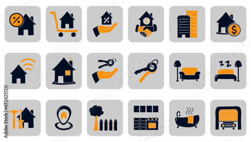 Hand drawn House and Real estate doodle icon set. House, key, buy, sell, loan, smart home, building, mortgage, address, renovation, kitchen, bedroom, living room, bathroom. 