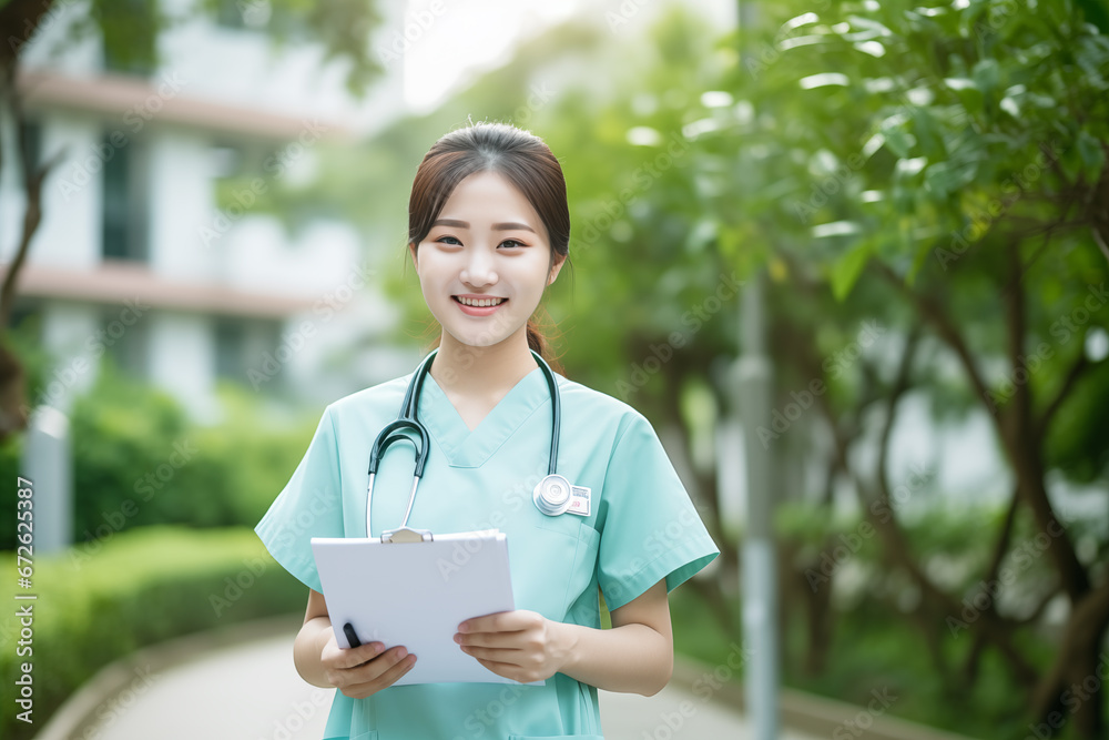 Asian Nurse in Green Uniform with Stethoscope Holding Patient History Asian Nurse in Green Uniform with Stethoscope Holding Patient History