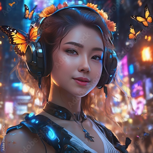 Заголовок: Заголовок: A girl in a megalopolis and butterflies. The girl is Asian. A girl with headphones listening to music, laughing surrounded by butterflies. The girl is in love, Butterflies in her photo