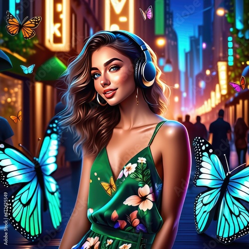  Girl and butterflies. A girl in the metropolis. A girl with headphones listening to music, laughing surrounded by butterflies. The girl is in love, Butterflies in her stomach. Girl falling in love