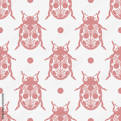Ladybug hand drawn beetle pattern seamless repeating backgorund, folk inspired vintage pattern with insect illustrations for wallpaper or fabric print design.