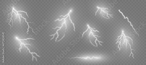 Fotografia Set of lightning, thunderstorm and lightning, symbol of the natural force of electrical discharge of ball lightning isolated on a transparent background