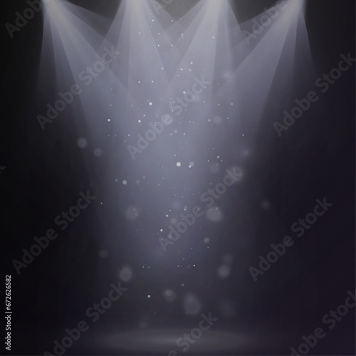 Light sources, concert lighting, stage spotlights. Spotlight beam with the effect of bright dust of shimmering bokeh. Vector