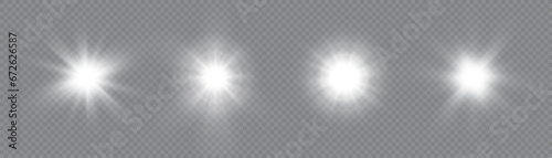 White glowing light explodes on a transparent background. Bright Star. Transparent shining sun, bright flash. Vector graphics.	
