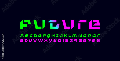 Stencil tech font, digital cyber alphabet, trendy modern Latin letters A, B, C, D, E, F, G, H, I, J, K, L, M, N, O, P, Q, R, S, T, U, V, W, X, Y, Z and Arab numerals 0, 1, 2, 3, 4, 5, 6, 7, 8, 9