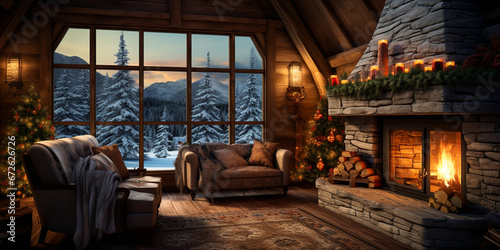 a cozy wooden chalet decorated for the new year in the snow-covered forest
