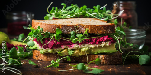 Vegan sandwiches with beetroot hummus with cheese, avocado and arugula
