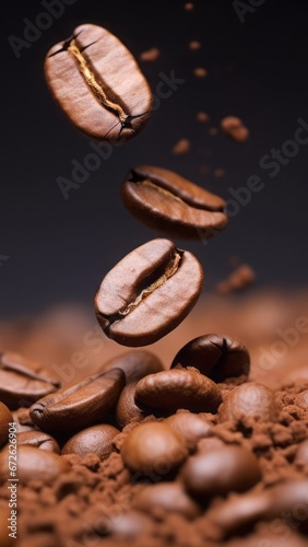 Falling brown roasted coffee beans. Close up of coffee beans background.