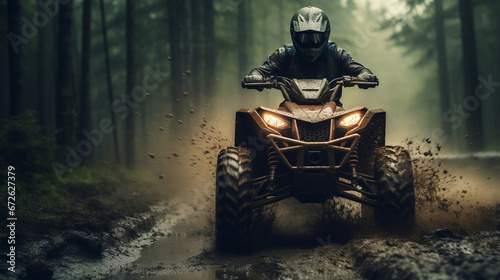 All-terrain ATV Quad Rider on blurred motion mud dirt road at rainy