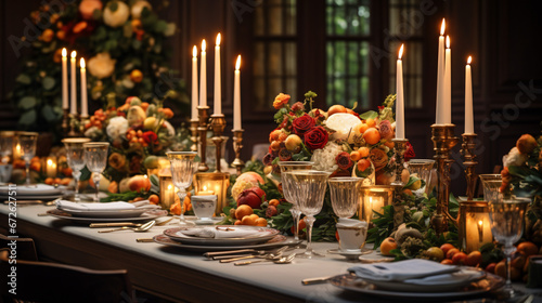 Wedding event celebration and autumn holiday tables.