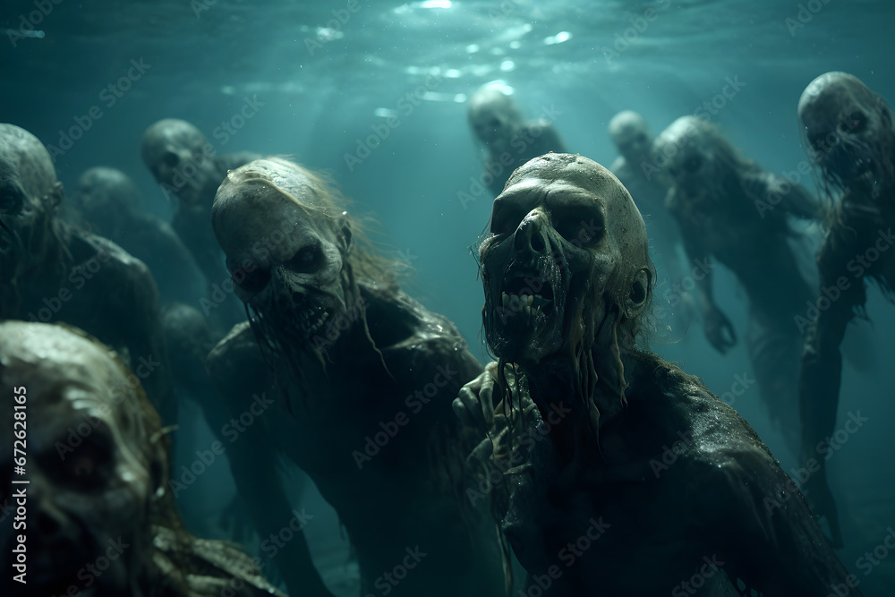 Group of zombies underwater. Neural network generated image. Not based on any actual person or scene.