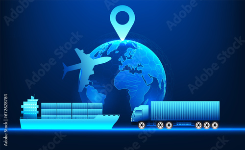 Transportation and logistics business technology Worldwide shipping By using technology and artificial intelligence to tell the location and help manage the transportation system efficiently.