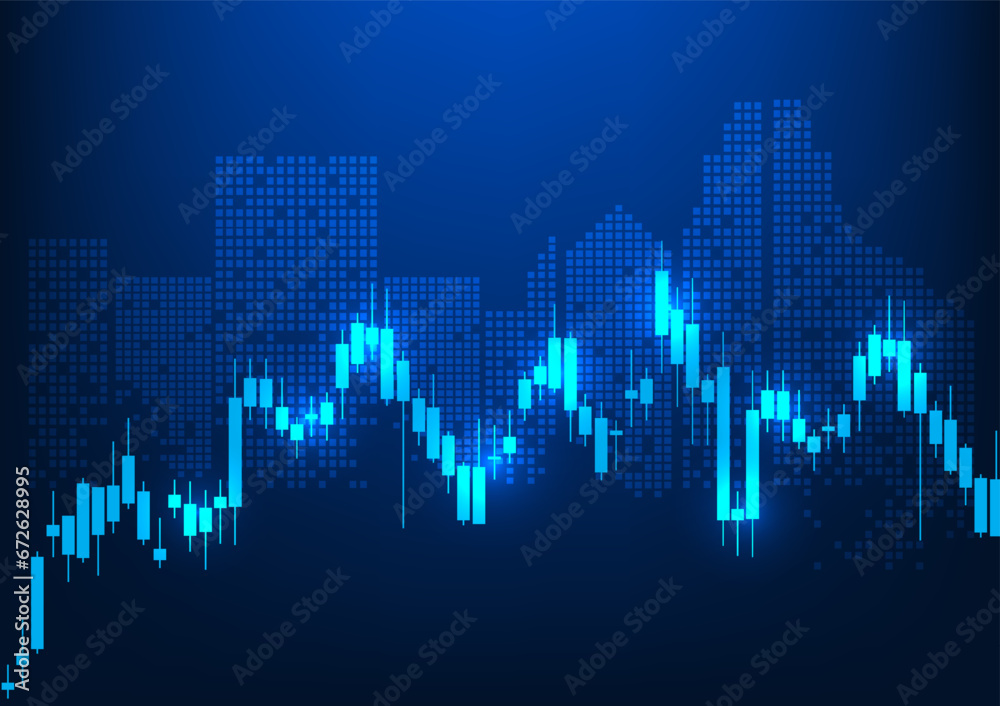 Stock chart is a technology created to display financial market prices for investors to analyze buy or sell. Candlestick chart with a building on the back. It represents how to grow your business. - obrazy, fototapety, plakaty 