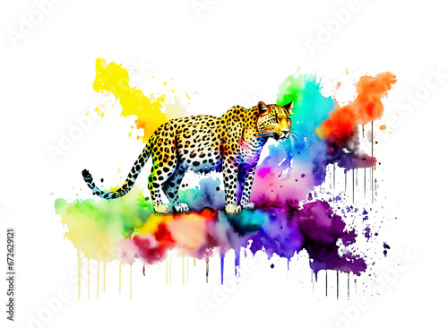 stehender Jaguar in regenbogen bunten Wasserfarben mit Spritzern und Kleksen vor einem weißen Hintergrund als Vorlage für Design wildlebender Tiere aus Afrika, Tierpark oder Zoo
