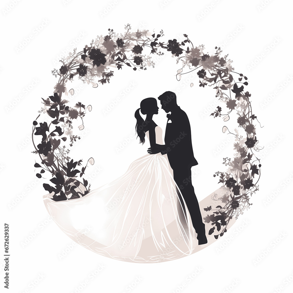 Elegant silhouette of a bride and groom holding hands, facing each other, isolated on white background Elegant silhouette of a bride and groom holding hands, facing each other, isolated on white background