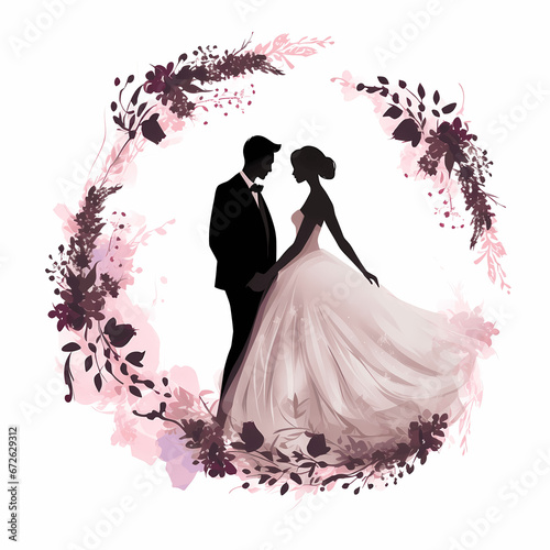 Bride and groom silhouette, holding hands in solidarity, isolated on white background