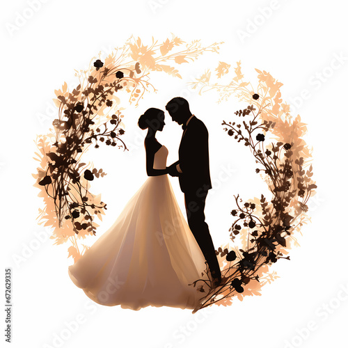 Loved-up silhouette of a bride and groom holding hands, facing each other, isolated on white background
