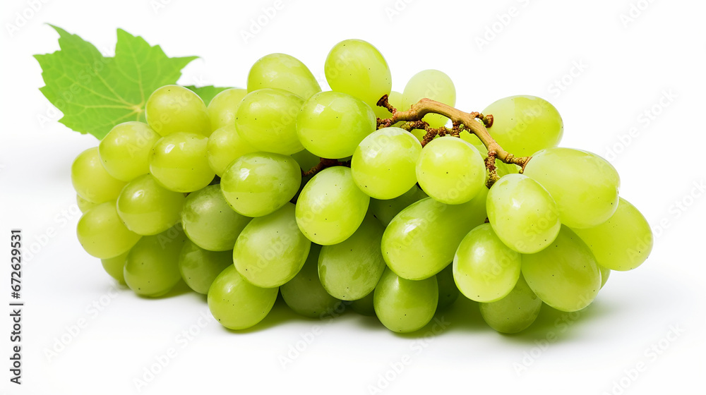 Bunch of natural ripe green sweet grapes on white background. Made with generative ai Bunch of natural ripe green sweet grapes on white background. Made with generative ai