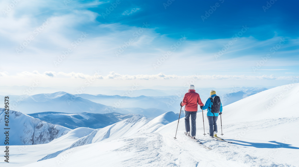 Two skiers standing on top of a mountain and enjoying the view Two skiers standing on top of a mountain and enjoying the view
