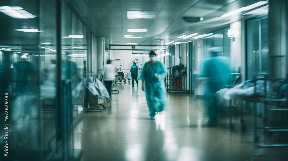 
medical personnel walking along the hospital corridor. Blurred background
