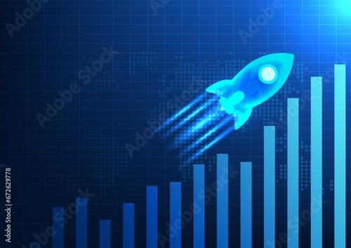 Background bar chart is a map of the world with rockets rising. It represents the growth of a company that increases profits, wins over competitors and expands business around the world.