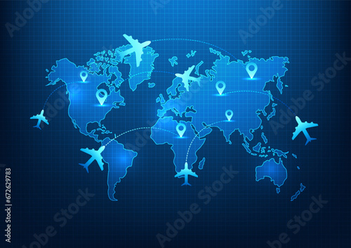 Transportation and logistics business technology Airplanes are pinned on the world map to deliver goods. By using technology and artificial intelligence to help manage the transportation system.
