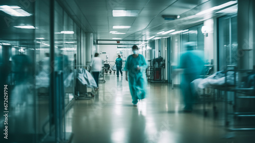  medical personnel walking along the hospital corridor. Blurred background 