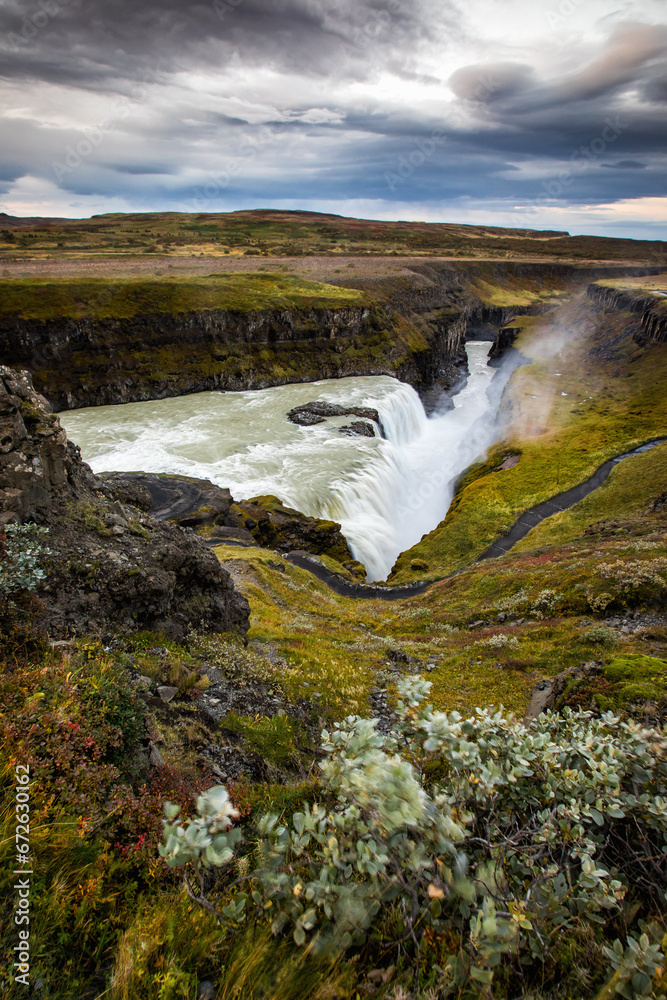 Gullfoss, Icelandic waterfall also named Golden Waterfall.