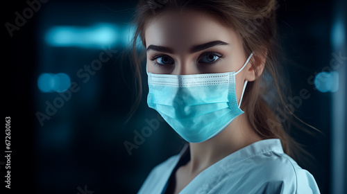 Portrait of a beautiful young woman doctor in a medical mask.