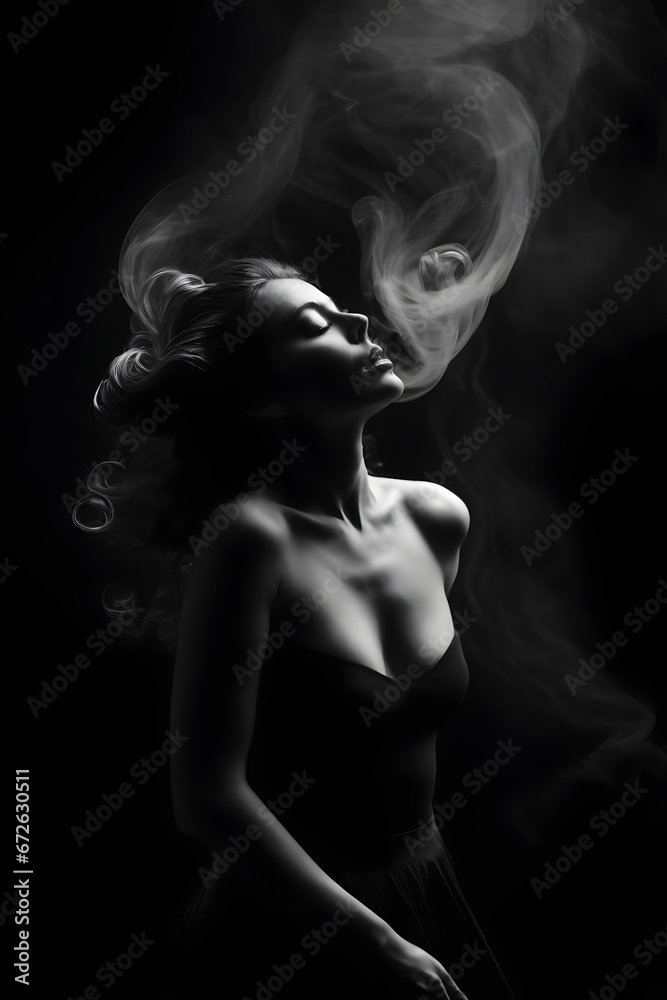 body shape of Woman black and white illustration with smoke in white colors. darker mood.