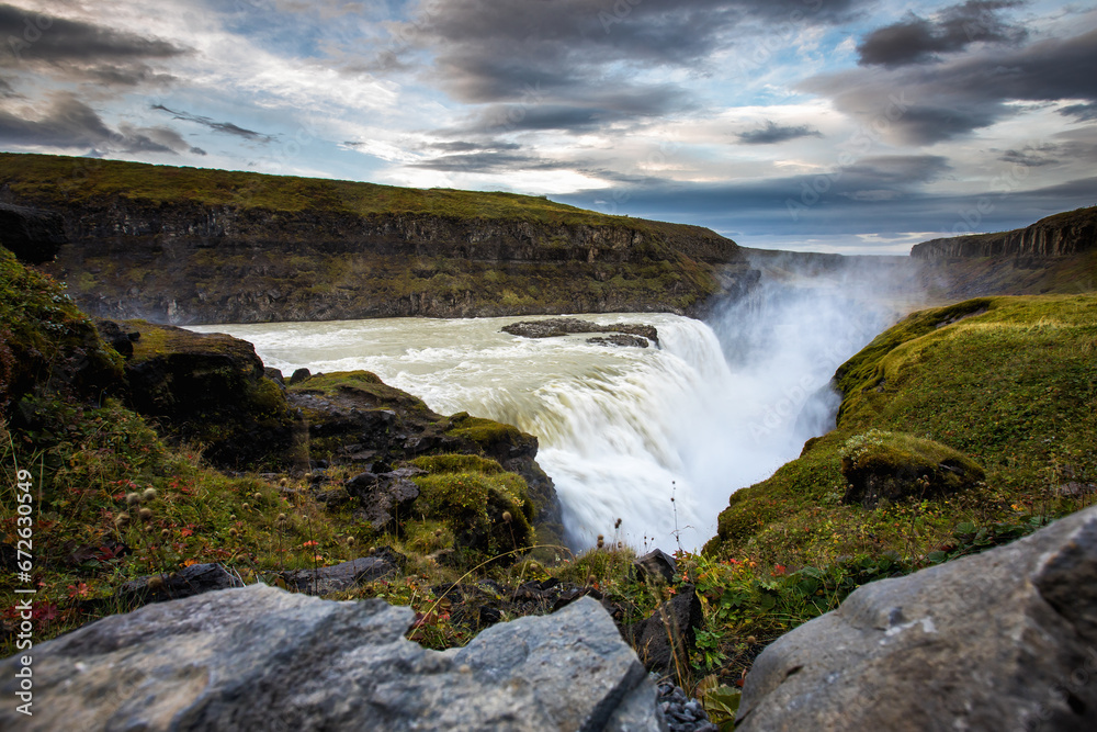 Icelandic waterfall Gullfoss, the most powerful waterfall in Europe,.