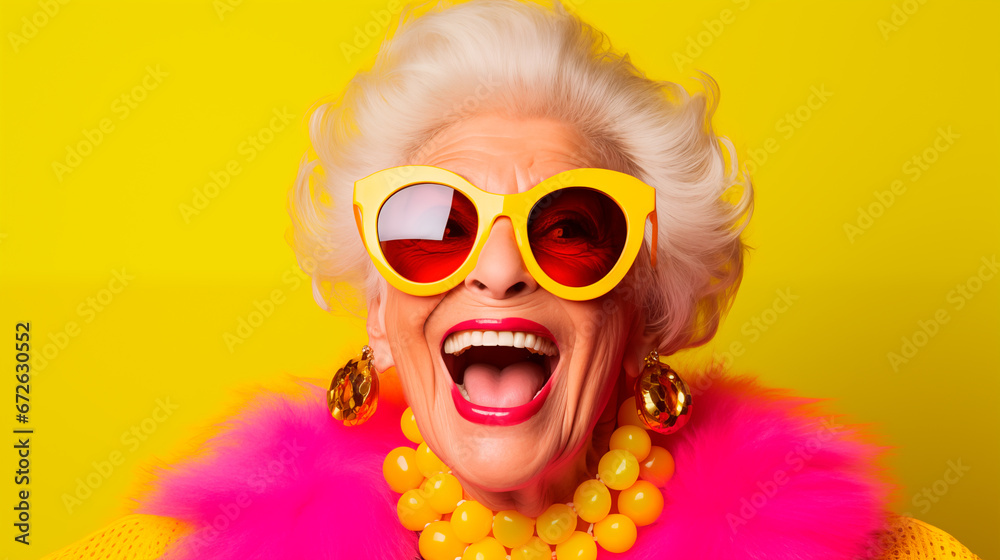 Portrait of a happy elderly woman in sunglasses on a yellow background.
Portrait of a happy elderly woman in sunglasses on a yellow background.