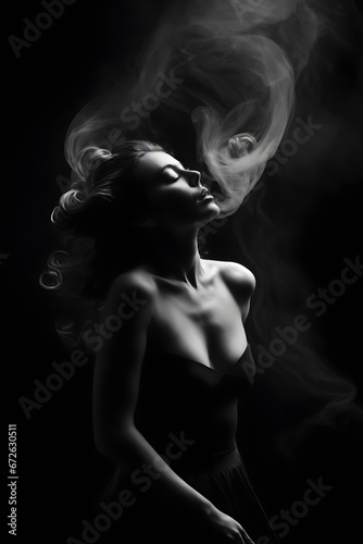 body shape of Woman black and white illustration with smoke in white colors. darker mood.