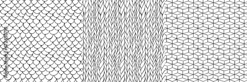 Hand drawn seamless patterns with texture of fish scale, abstract geometric lines and print of wool knit. Black and white sketch patterns set, vector illustration