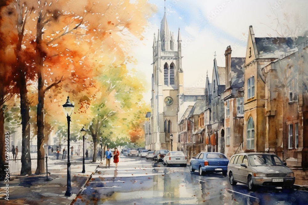 Watercolor painting of iconic Cambridge street. Generative AI
