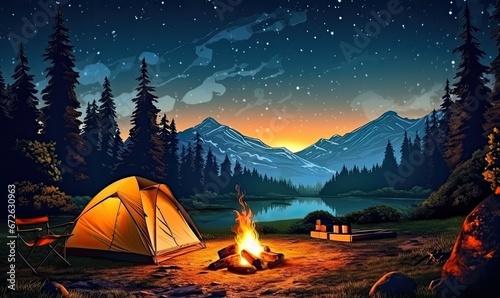 A Serene Nighttime Scene with a Glowing Campfire and Cozy Tent