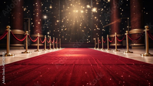 Red carpet rolling out in front of glamorous movie premiere background. generative ai photo
