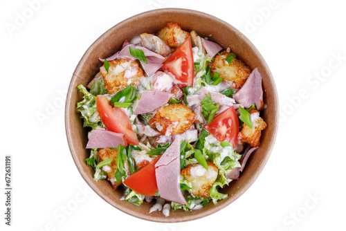 Salad with ham on a white background, for a food delivery site 3