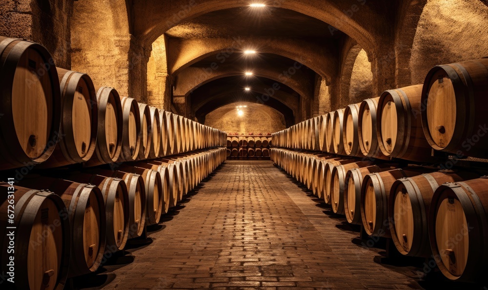 Rows of Wooden Barrels in a Wine Cellar