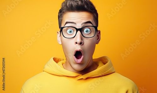 Surprised Man With Glasses Reacting to Something Unexpected photo