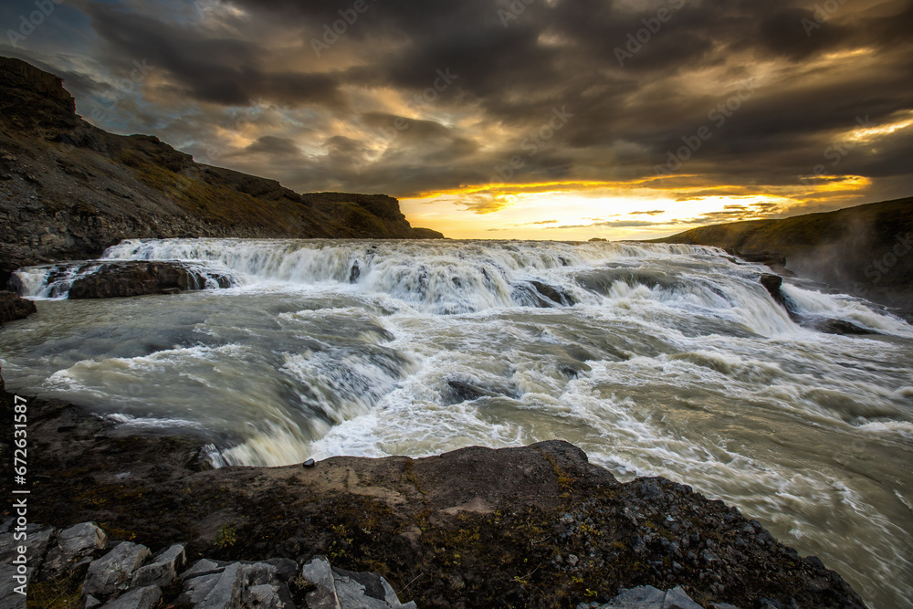 Gullfoss also named Golden waterfall is the most powerful waterfall in Europe, Iceland.