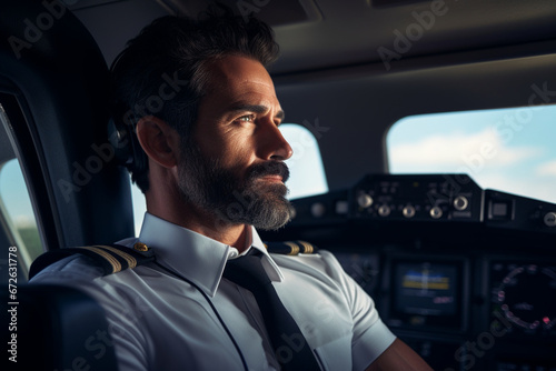 Portrait of airplane pilot looking over shoulder in a private jet © alisaaa