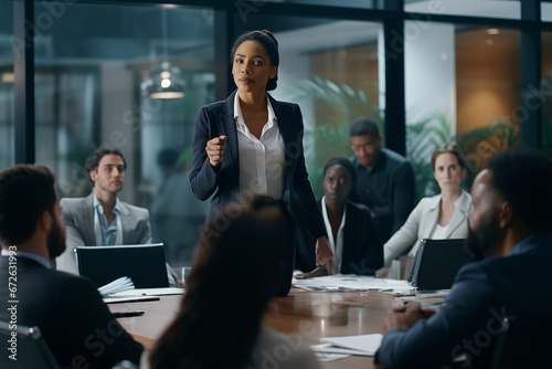 a black woman business leader dressed as an executive leading an important meeting as everyone looks on photo