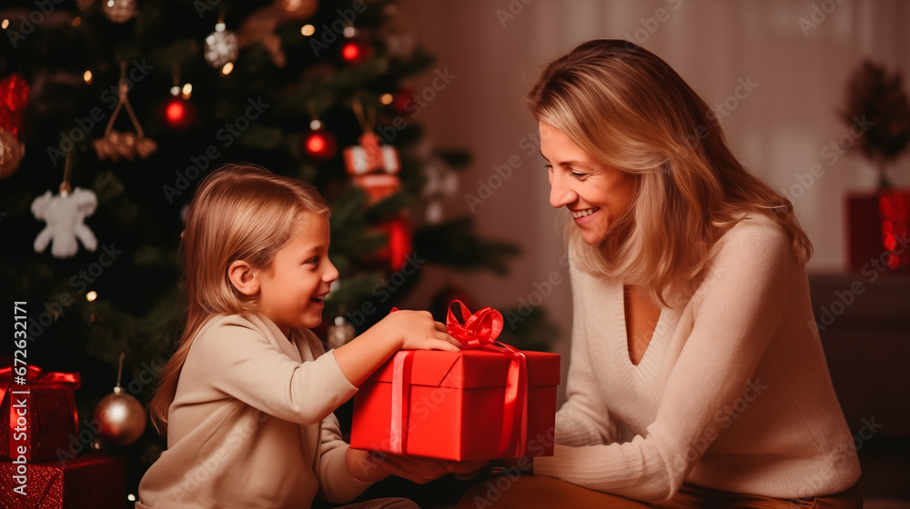 little girl and her mother exchange gifts for Christmas.