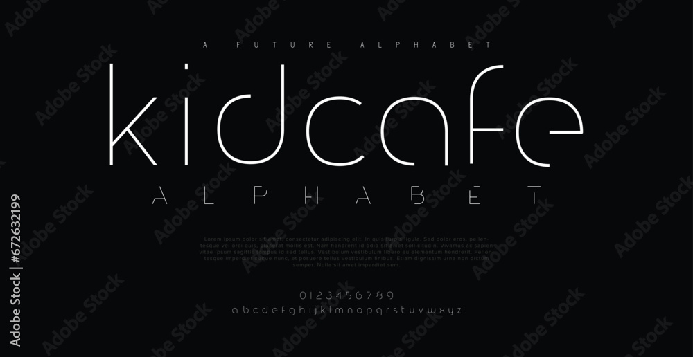KIDCAFT  abstract digital technology logo font alphabet. Minimal modern urban fonts for logo, brand etc. Typography typeface uppercase lowercase and number. vector illustration